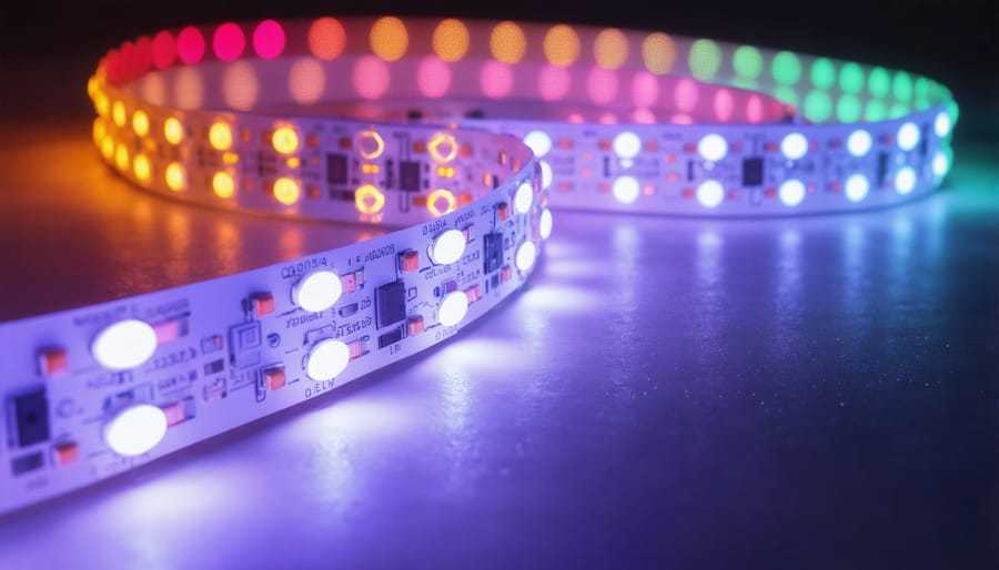 Colorful addressable LED strip displaying flowing rainbow gradient pattern on sculptural form