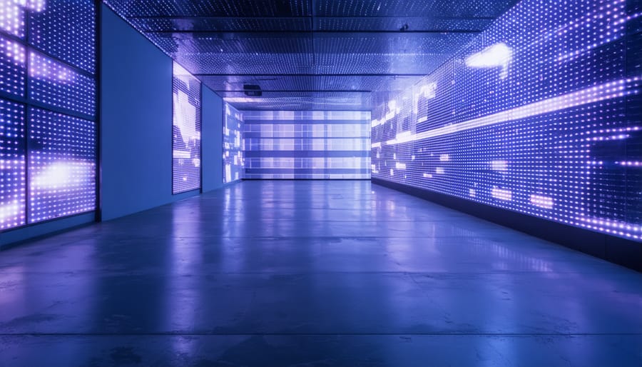 Large LED wall installation displaying flowing organic patterns in cyan and magenta colors