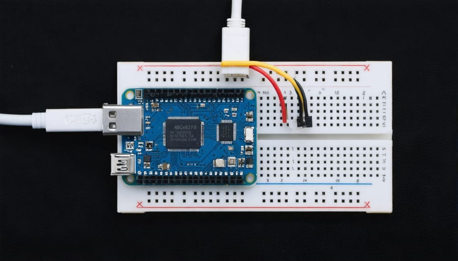 Close-up of an ADXL345 accelerometer breakout wired to a Raspberry Pi on a breadboard, with colorful jumper wires and the Pi board softly blurred in the background, illustrating a precision motion detection setup.