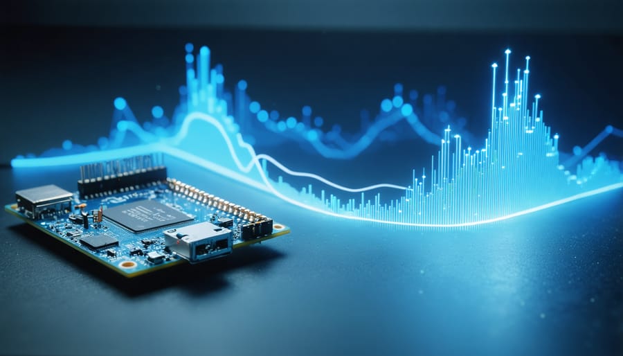 Arduino data logger with laptop showing data analysis in background