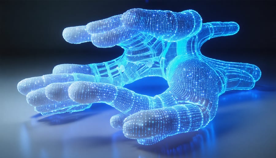 Person's hands adjusting small LED matrix sculpture displaying blue wave animation on desk