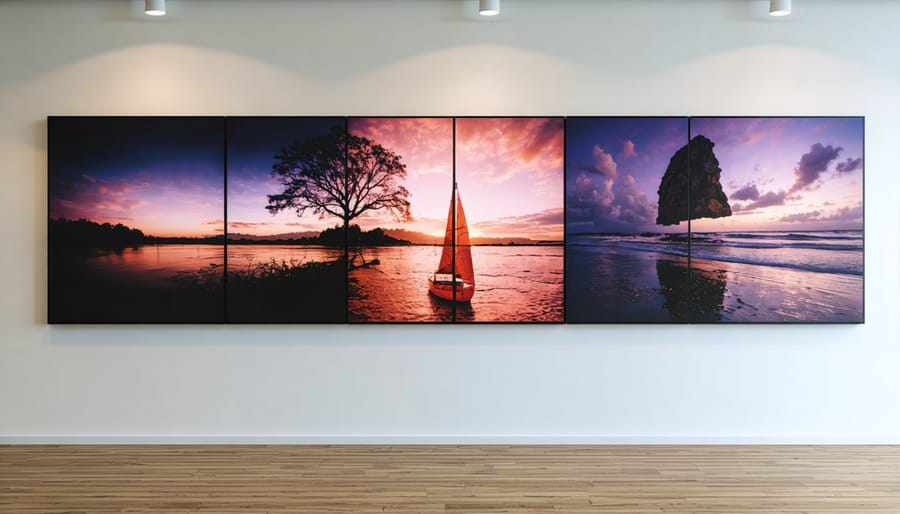 Wall-mounted digital display showing rotating digital artwork in modern home setting