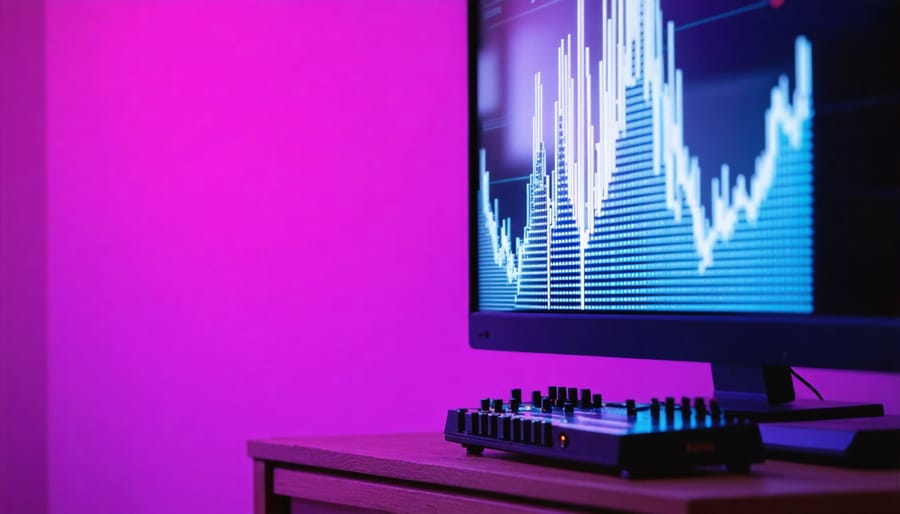 Display screen showing colorful music visualization with frequency bars and waveforms