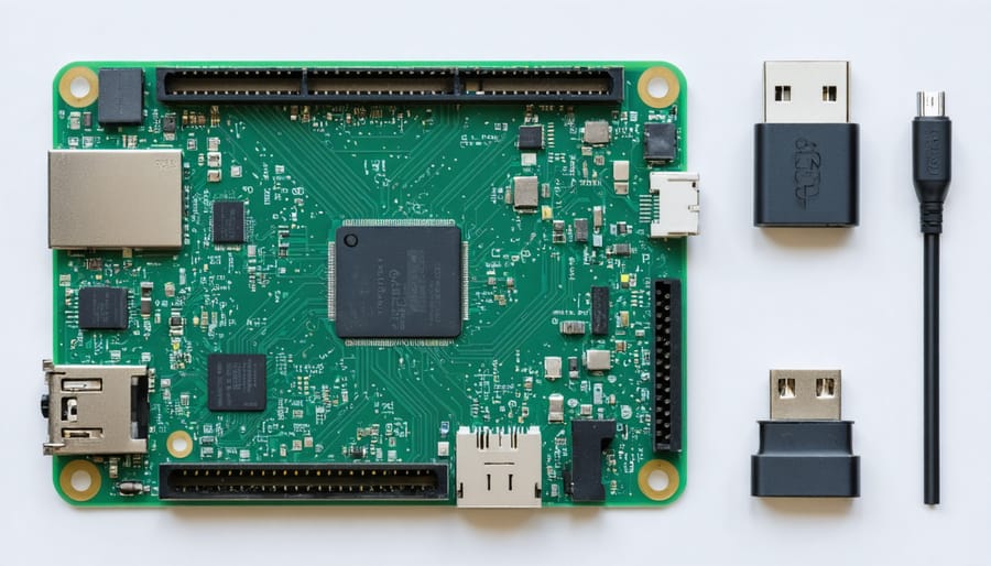 Overhead view of Raspberry Pi components including board, cables, and accessories
