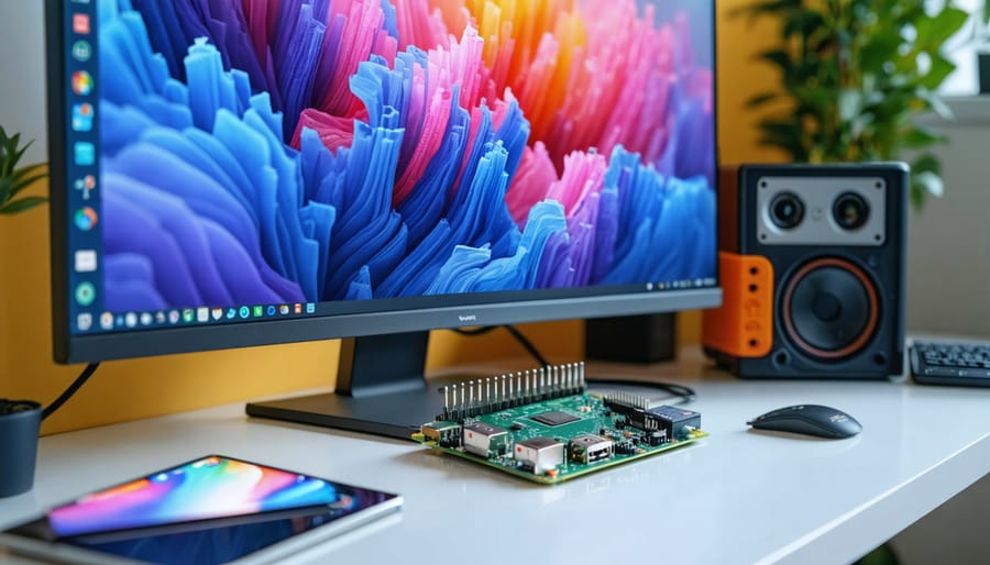Raspberry Pi 4 connected by HDMI to a thin-bezel monitor displaying abstract digital art, photographed from a 45-degree overhead angle in soft natural light with a blurred studio desk in the background.