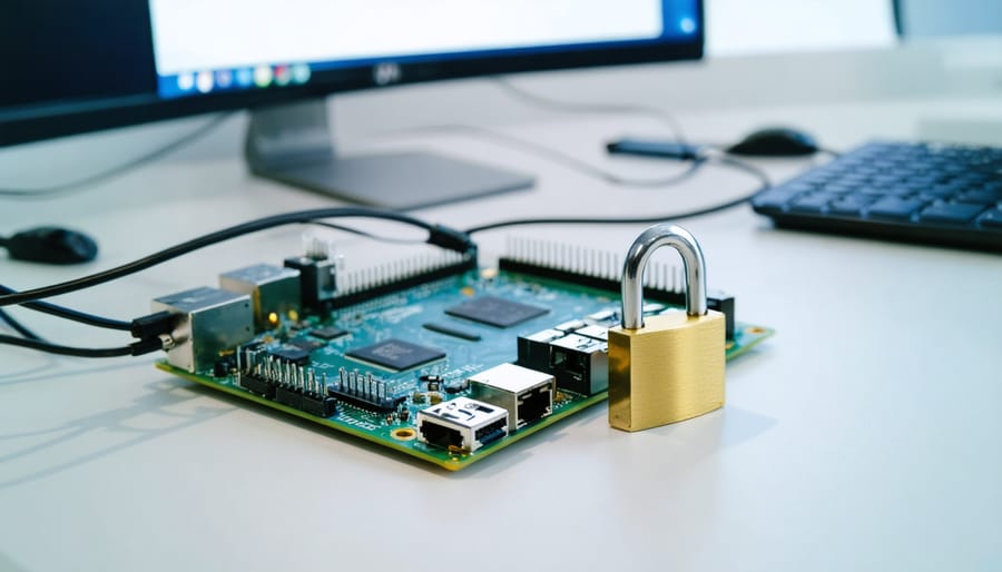 Raspberry Pi with sensor wires and an ethernet cable threaded through a small metal padlock on a desk, photographed from a slight overhead angle with soft daylight and a blurred office background.