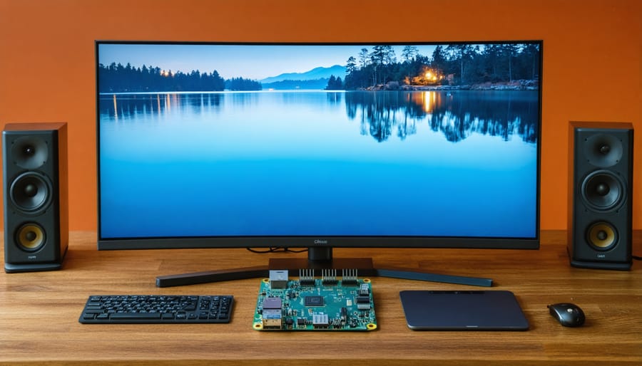 Raspberry Pi board connected to monitor displaying digital art on desk