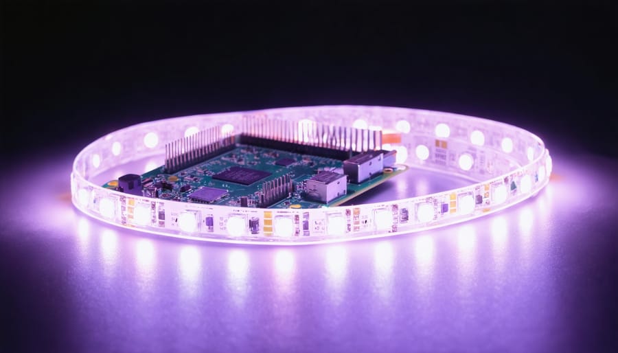 Raspberry Pi with jumper wires controlling addressable LED strips glowing behind frosted acrylic, emitting magenta, cyan, and blue light, photographed from a 45-degree overhead angle with shallow depth of field; blurred workshop tools and sensors in the background.