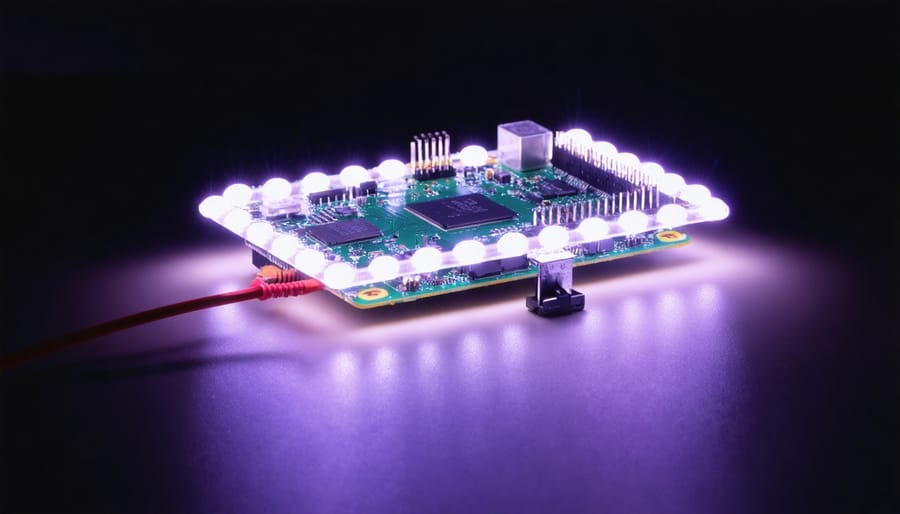 Raspberry Pi 4 board connected to LED strip via GPIO pins on workspace