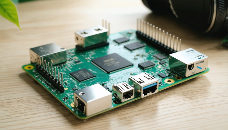 Raspberry Pi with camera module on office desk representing workplace monitoring technology