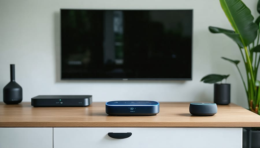 Raspberry Pi voice assistant controlling smart home devices and lighting in modern living room