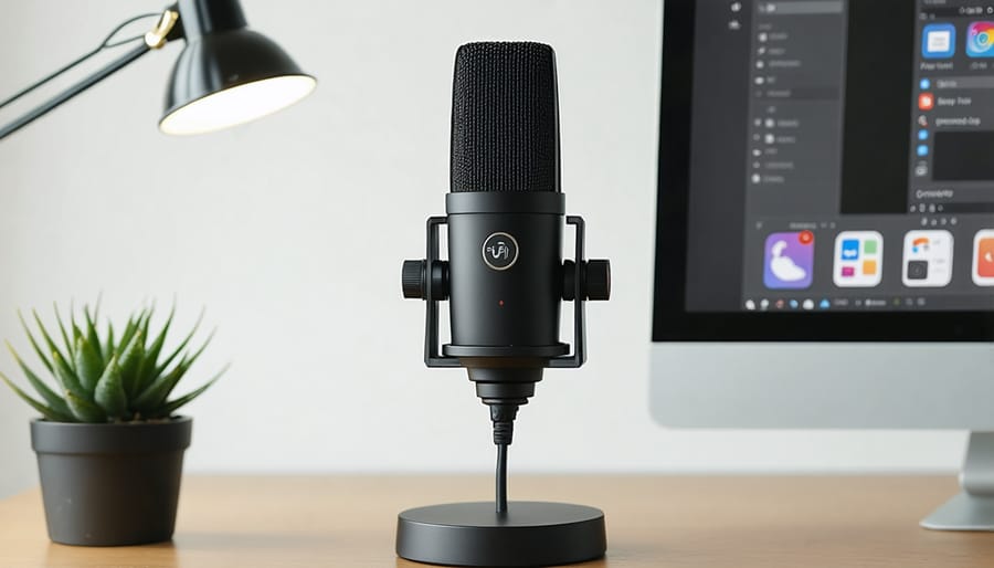 Professional USB condenser microphone on desk mount for voice assistant projects