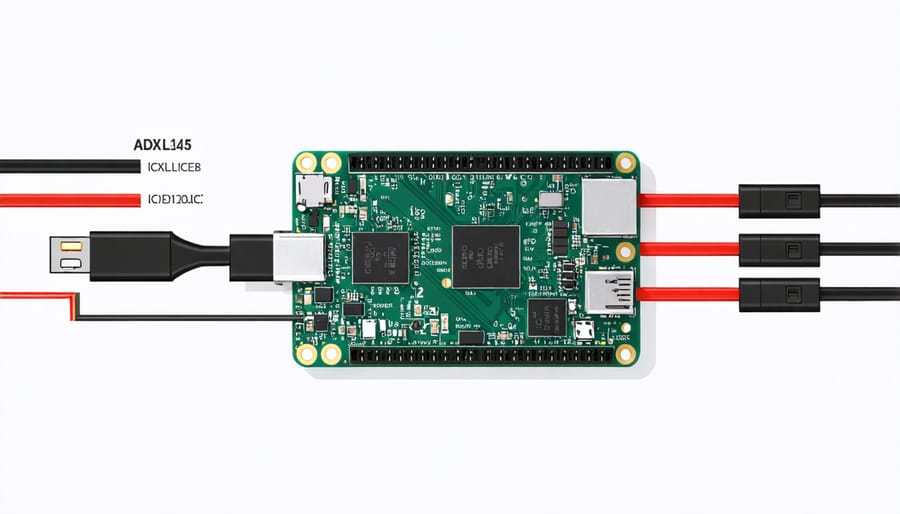 Overhead view of hands wiring ADXL345 sensor to Raspberry Pi GPIO pins