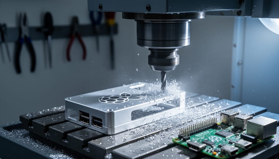 Close-up of a 9-axis CNC mill machining an aluminum Raspberry Pi case with a tilted spindle and rotary table, metal chips and coolant mist visible, with a blurred Raspberry Pi board and workshop tools in the background.