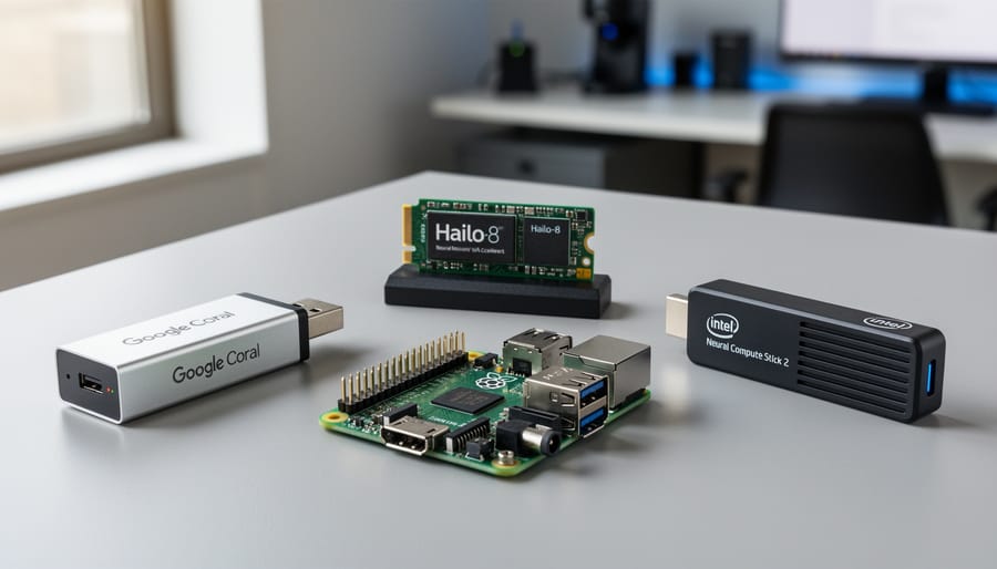 Comparison of three AI accelerator devices for Raspberry Pi laid out on desk