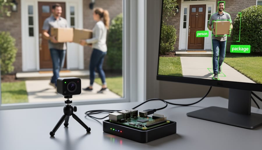 Smart security camera with Raspberry Pi AI accelerator monitoring front entrance