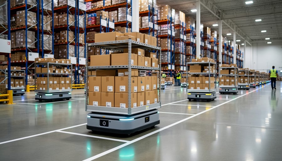 Multiple autonomous mobile robots moving storage pods in Amazon warehouse fulfillment center