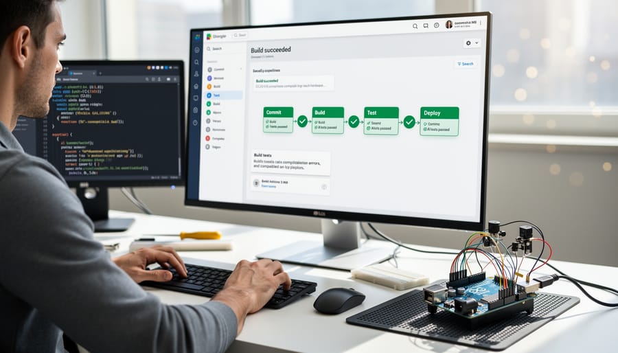 Laptop showing GitHub continuous integration interface with connected Arduino board