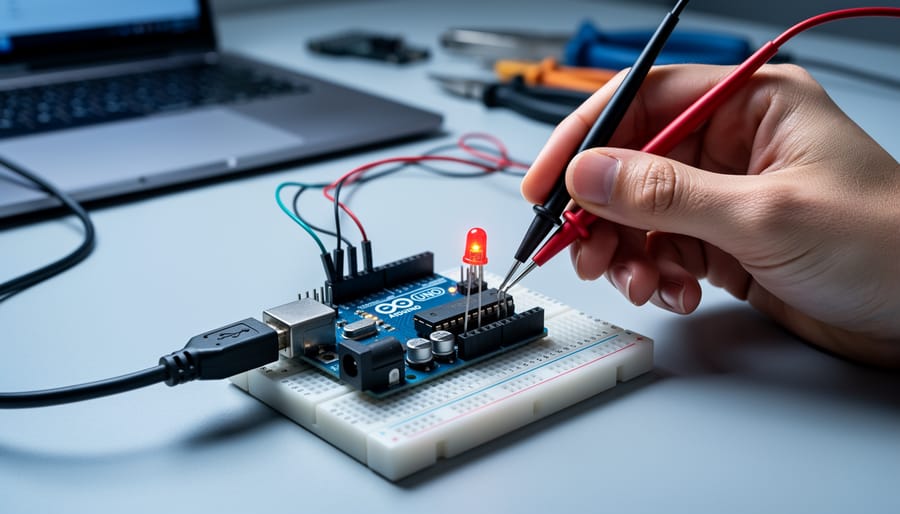 Close-up of an Arduino Uno on a breadboard with a USB cable and multimeter probes testing pins as a hand adjusts a jumper wire, with a blurred laptop and tools in the background under soft studio lighting