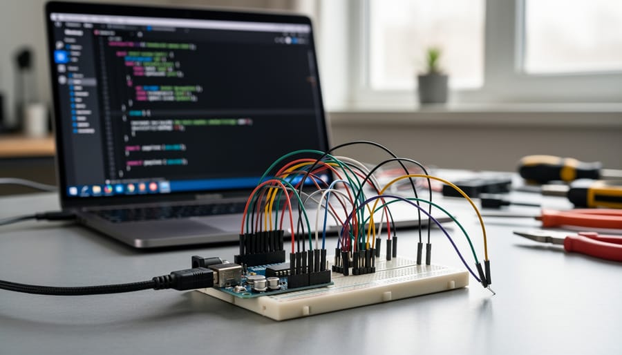 Arduino board with loose wiring and breadboard connections on workbench