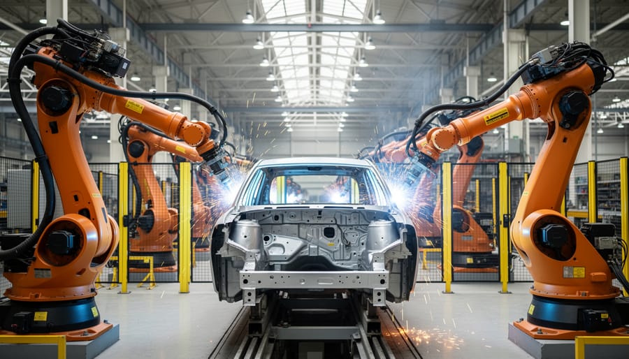 Industrial robotic arm performing welding operation on car body in manufacturing facility