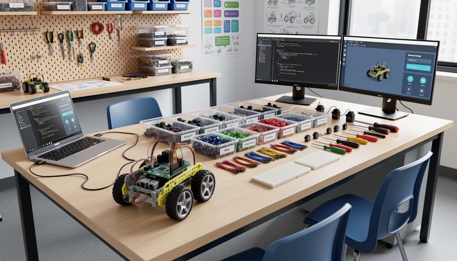 Organized classroom robotics workstation with laptop, Raspberry Pi robot project, and component storage bins