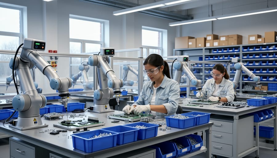 Collaborative robot working next to human technician on assembly task in factory