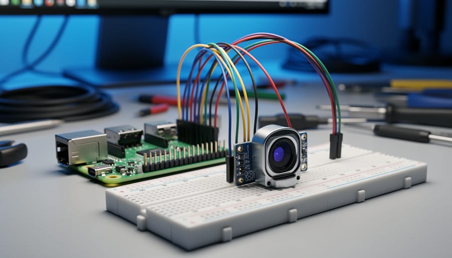 Close-up of a Raspberry Pi connected to an optical fingerprint sensor module with colored jumper wires on a solderless breadboard, photographed from a 45-degree overhead angle under soft studio lighting, with blurred workbench tools and monitor glow in the background, no visible text or logos.
