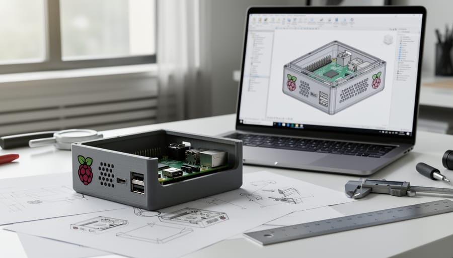 Hands holding white 3D printed custom Raspberry Pi case with ventilation and port cutouts