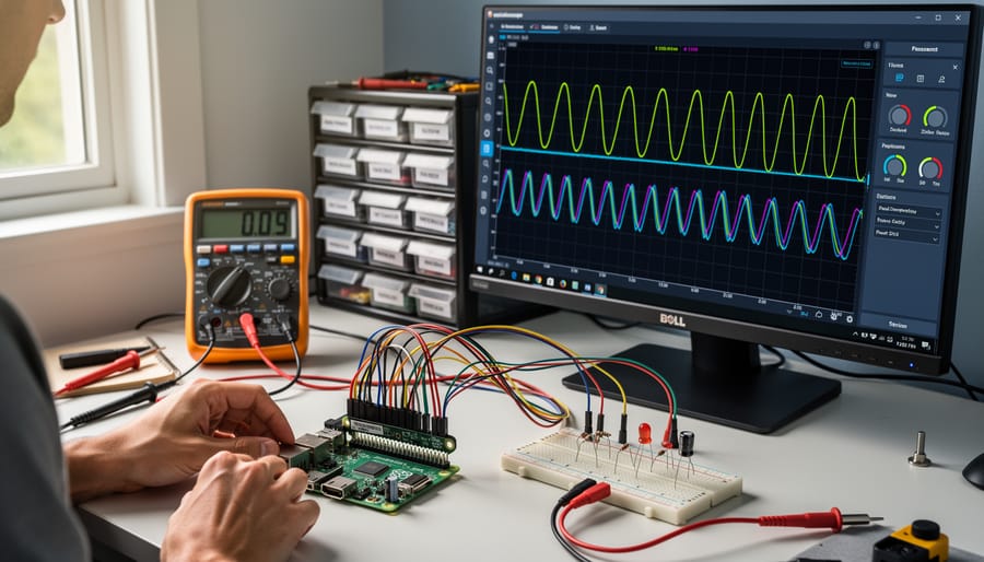 Hands using Raspberry Pi-based oscilloscope to measure circuit board signals