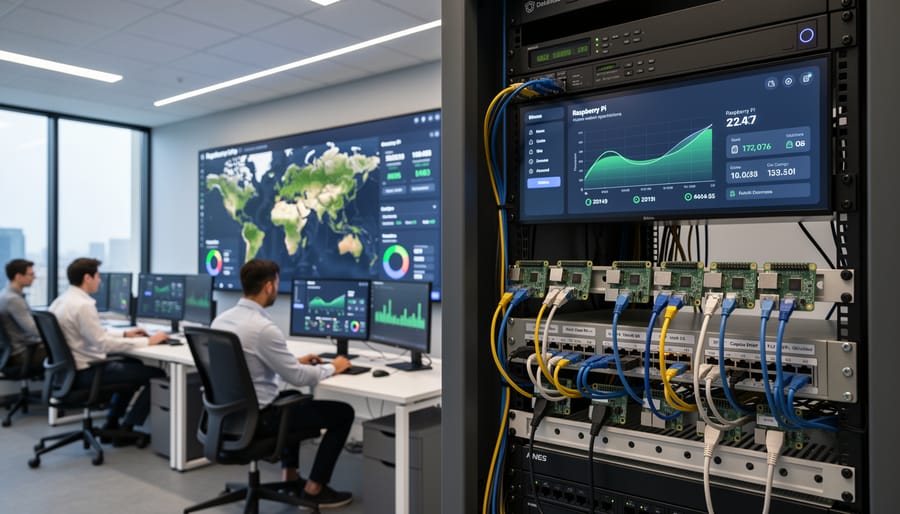 Multiple Raspberry Pi boards mounted on industrial server rack infrastructure