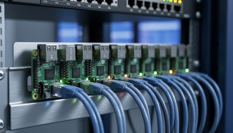 Close-up of multiple Raspberry Pi boards in a rack with Ethernet cables and glowing LEDs, with a blurred network switch and monitoring screens in the background, representing enterprise OTA firmware updates.