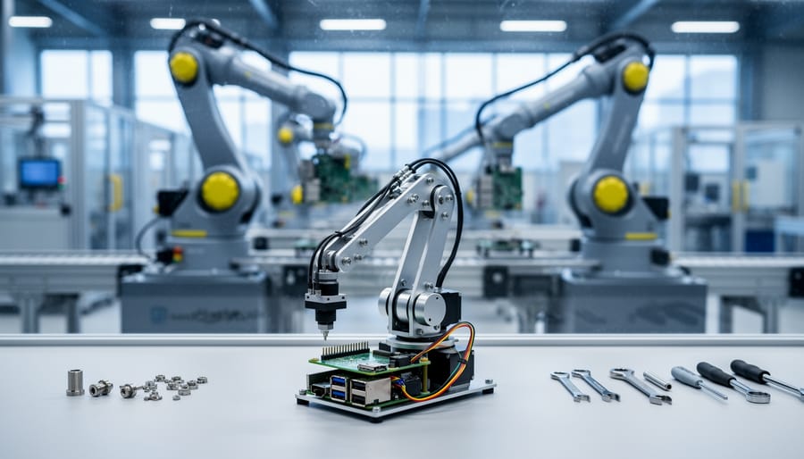 Eye-level photo of a small desktop robot arm on a clean workbench with out-of-focus industrial robotic arms working behind a glass safety wall in cool, diffused lighting.