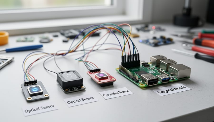 Three fingerprint sensor modules displayed with Raspberry Pi board showing different sensor types