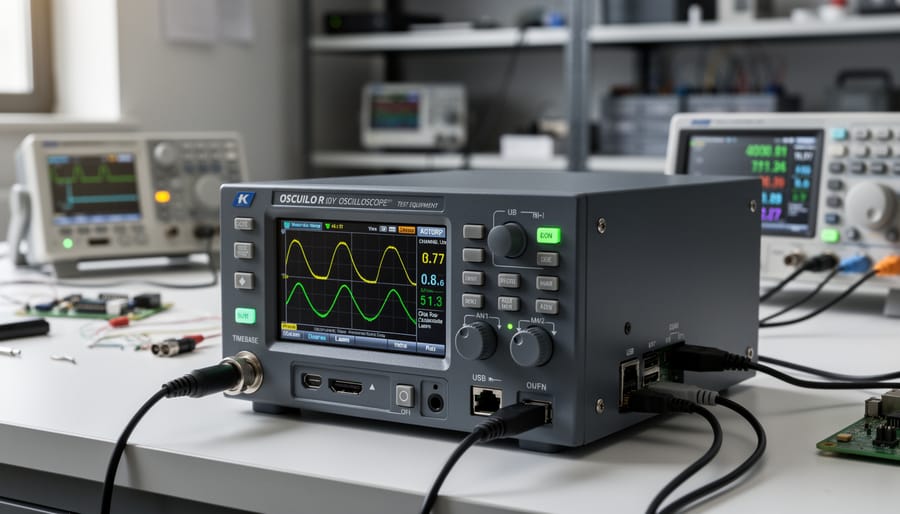 Completed DIY oscilloscope with Raspberry Pi and touchscreen in custom enclosure