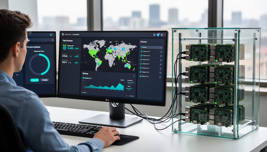 IT professional monitoring device management dashboard on computer screens