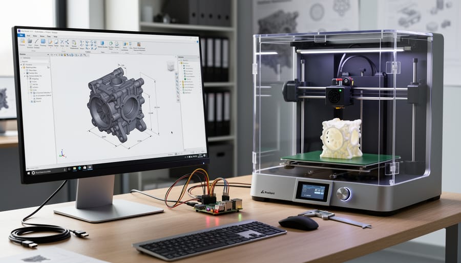 Overhead view of maker workspace with laptop, Raspberry Pi, 3D printer, and prototype parts