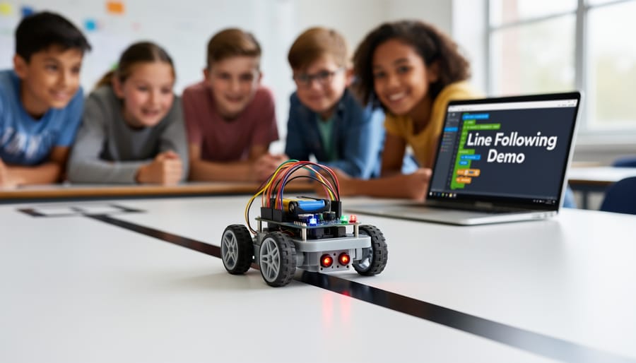 Close-up of Raspberry Pi line-following robot with infrared sensors tracking black line on floor