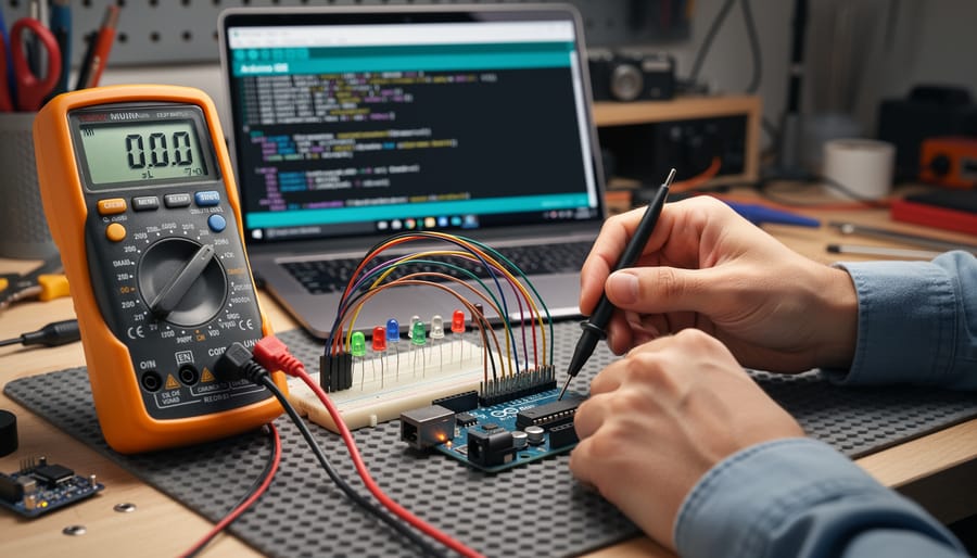 Hands using multimeter to test Arduino board pins and voltage levels