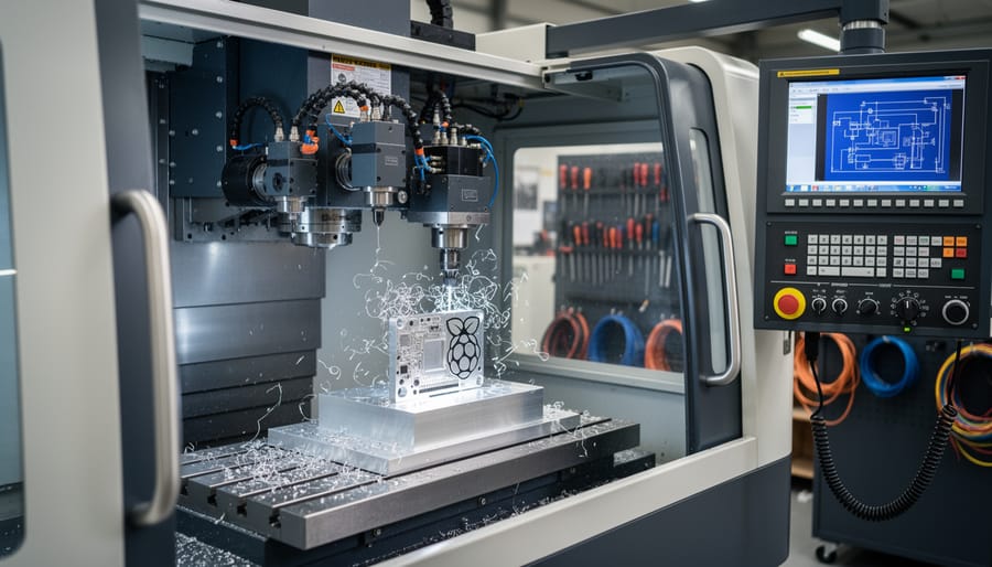 Close-up of 9-axis CNC milling machine cutting aluminum with visible metal chips and cutting tool