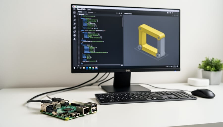 Laptop showing OpenSCAD software interface with Raspberry Pi board on desk
