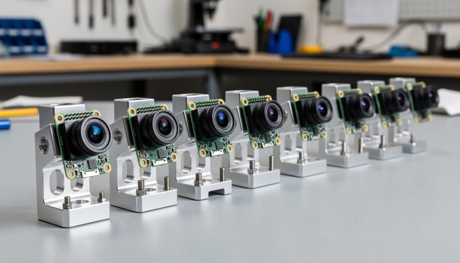 Close-up of precision-machined aluminum camera mount for Raspberry Pi held next to camera module