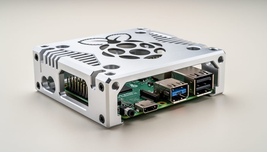 Custom machined aluminum Raspberry Pi case with integrated cooling fins and precise port cutouts