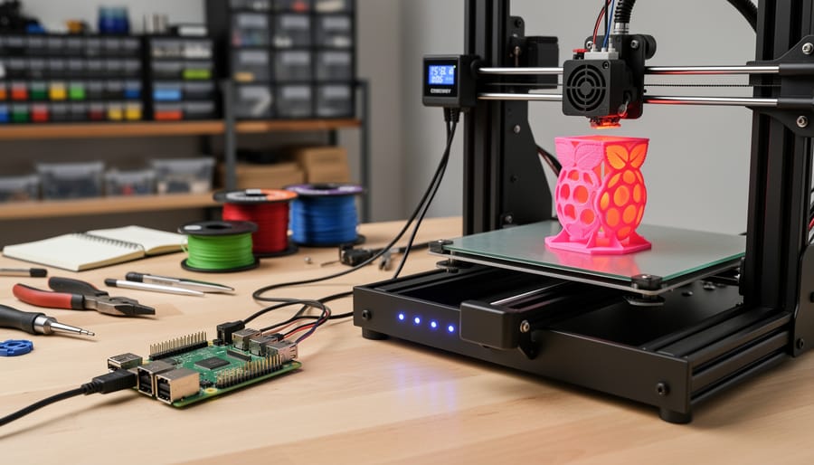 Raspberry Pi board connected to 3D printer on workshop desk with printed prototype