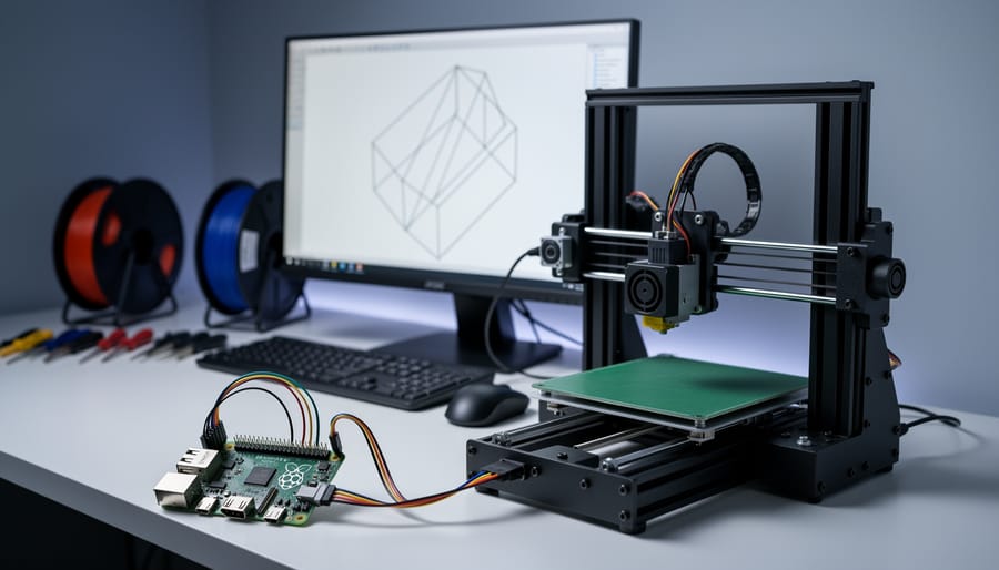 Raspberry Pi connected to a compact desktop 3D printer with a monitor displaying a text-free CAD wireframe model, set on a neat workbench with blurred filament spools and tools in the background.