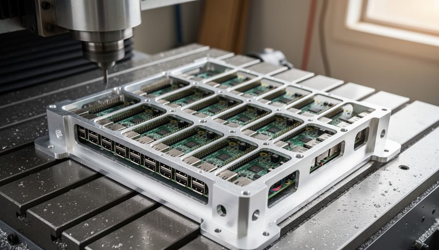 Overhead view of precision-machined aluminum frame holding multiple Raspberry Pi boards in cluster configuration