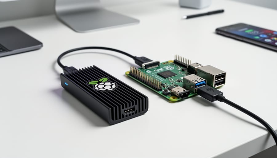 Google Coral USB AI accelerator connected to Raspberry Pi 4 board