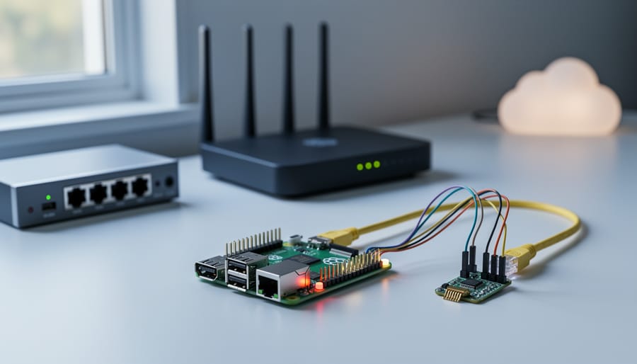 Close-up of a Raspberry Pi 4 connected to a temperature sensor and ethernet cable on a workbench, with a blurred router, network switch, and cloud-shaped light in the background.