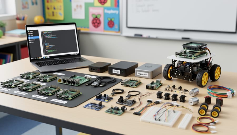 Raspberry Pi 4 and Pi Zero boards displayed with robotics accessories including camera module and motor controller