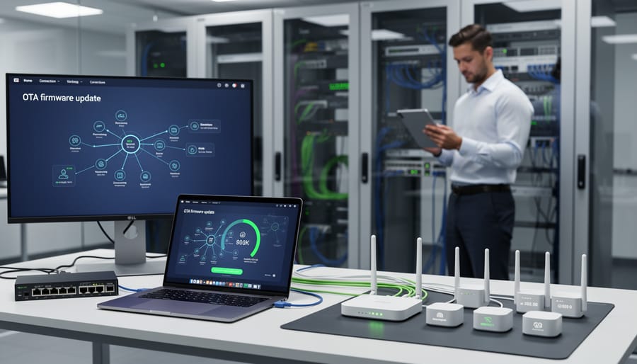 Technician connecting network cable to Raspberry Pi during device setup